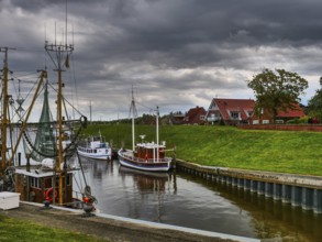 Boats in the river on a cloudy day, behind them houses and green embankment, Colourful fishing