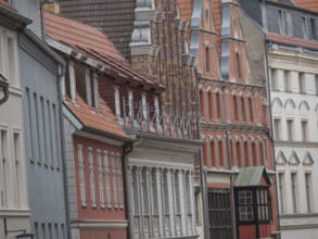 Row of historic facades in an old town, stralsund, mecklenburg, germany