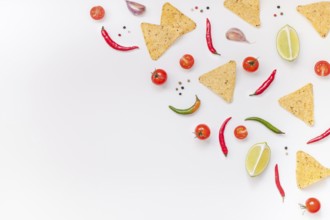 Creative Top view flat lay of fresh mexican food ingredients with tortilla nachos chips garlic