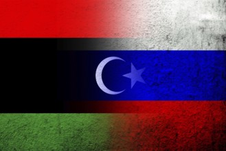 National flag of Russian Federation with The State of Libya National flag. Grunge background