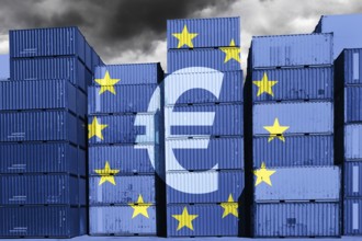Stacked containers with EU flag and euro sign, customs duties levied on deliveries from low-cost