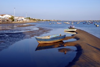 Boat on the Rio Piedras river, beach in El Rompido, Cartaya, Costa de la Luz, Huelva, Andalusia,