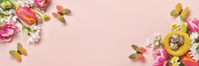 Frühlingsblumen, Wachteleier im Nest und Schmetterlinge auf rosa Hintergrund. Ostergruß-Banner