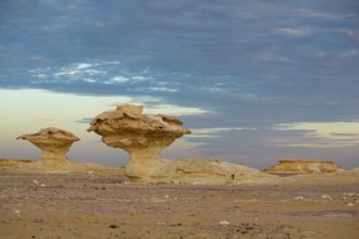 Sunset in the Libyan desert, white desert, limestone formations in the front, Farafra, Egypt