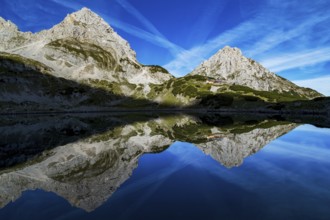Panorama of the Drachensee, the Coburger Hütte and the Zugspitze in Tyrol, Austria, Alps