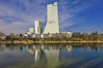 Towering buildings are reflected in the calm water under a blue sky, pharmaceutical company Roche,