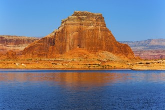 Concept of active and photo tourism. Lake Powell is a reservoir on the Colorado River, USA.