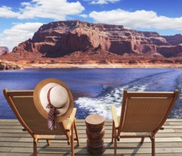 Waves from the boat dissect lakes Powell on the river Colorado. Aft vessels cost two chaise lounges