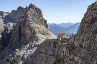 Mountain peaks in the Dolomites Alps. Beautiful nature of Italy. Chalet Pedrotti