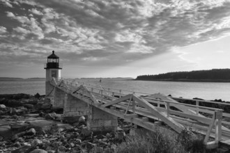 Marshall Point Light as seen from the rocky coast of Port Clyde - Black and White Photo