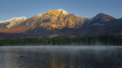 Beautiful autumn landscape scene in mountain in background in Jasper National Park west Canada with