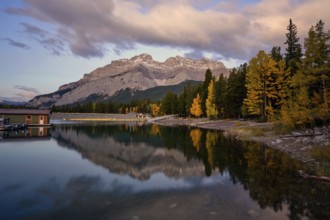 Beautiful autumn landscape scene in lake and mountain in background in west Canada