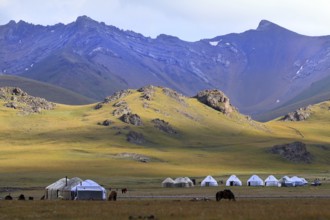 Yurt camp and high mountains at Lake Songköl (Son Kul, Song Kol), Kyrgyzstan