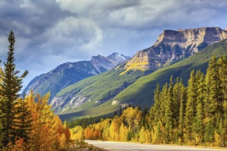 Canada, Alberta, Rocky Mountains. Highway in Banff National Park. Mountains and colorful autumn
