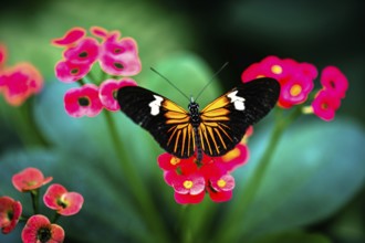 Butterfly on bright flowers in front of green foliage