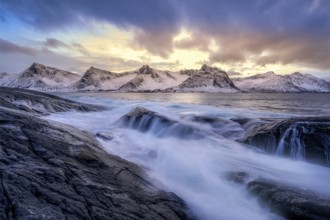 Beautiful winter landscape scene, sunset or sunrise in mountains and fjords