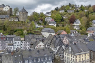 View of Monschau historic center and castle from the hill top, Germany