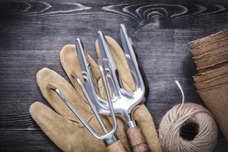 Trowel fork rake safety gloves hank of rope peat pots