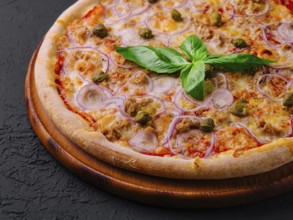 Food, Appetizing pizza with toppings on a dark textured background