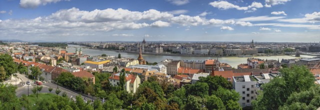 Budapest, Hungary 18.08.2021. Panoramic view of the Danube river and the embankment of Budapest,