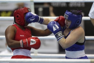 Sofia, Bulgaria - 26 February, 2021: Possantos Perejra (red) of Brazil and Nadezhda Ryabets of
