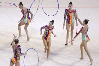 Sofia, Bulgaria - 27 March, 2021: Team Belarus perform during the 3 Hoops + 2 pairs of Clubs group
