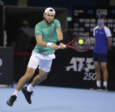 Sofia, Bulgaria - 10 November, 2020: Moldova's Radu Albot in action against Canada's Denis