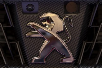 Sofia, Bulgaria - 3 June, 2022: Close-up of Peugeot logo is seen at Sofia Motor Show