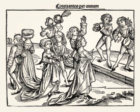 Nuremberg Chronicle, dancing couples, 1493, Anton Koberger, digitally restored