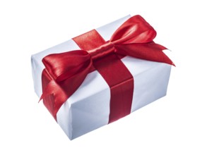 White gift box with red knot isolated on white