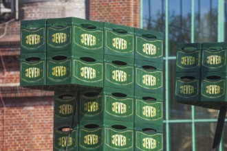 Stacked Jever beer crates in front of the Frisian Brewery, Jever Brewery, Jever, East Frisia, Lower