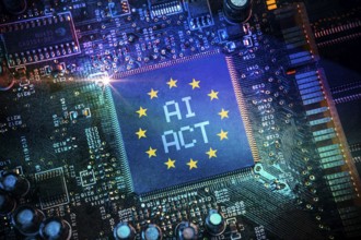 Computer chip with European flag and inscription AI Act, AI regulation, photomontage
