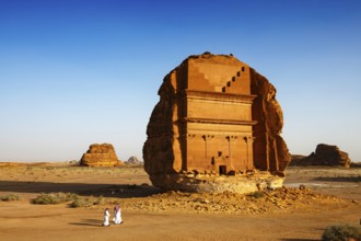 Saudis in front of the tomb of Lihyan, son of Kuza, Unesco site Maidan Saleh or Hegra, Al Ula,
