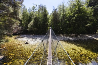Frenchmans Cap Suspended Bridge in Franklin-Gordon Wild Rivers National Park on a hot summer's day