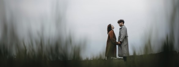 A couple standing apart in a field on an overcast day, holding hands, conveying a sense of