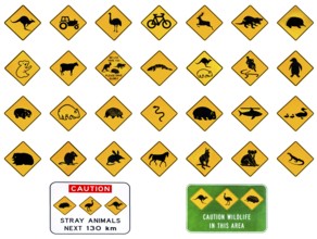 Australian warning road signs from Australia highways. Wildlife animals: Emu, Echidna, Tasmanian