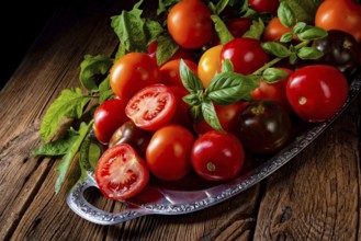 Various types of tomatoes served and presented on the silver platter