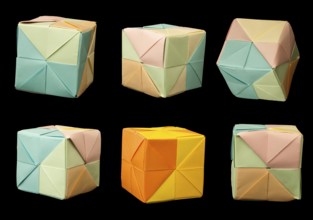 Paper made multi colored patterned cubes folded origami style