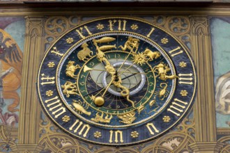 Painted façade and astronomical clock on Ulm Town Hall from the 15th century, Ulm, Swabian Alb,