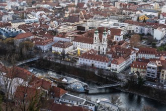 View from the Schlossberg to Murinsel and the Mariahilferkirche, Old Town of Graz, Styria, Austria