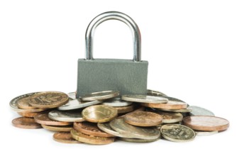 Grey locked padlock and coins. Isolated studio shot