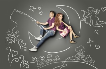 Happy valentines love story concept of a romantic couple fishing on a moon with a star on a hook