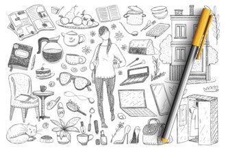 Feminine everyday essentials doodle set. Collection of hand drawn woman and cat, clothes, footwear,