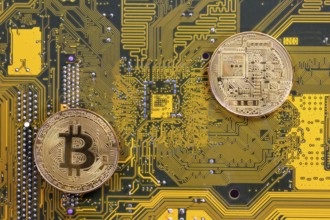 Virtual cryptocurrency money Bitcoin golden coins on a computer printed circuit board PCB. The