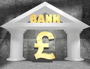 Abstract white bank building. Text and money signs. 3D rendering