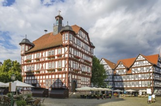Historical half-timbered houses in downtown of Melsungen, Germany