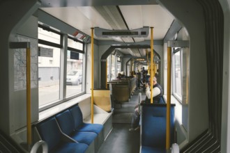 High-speed tram on the city street. Modern Tram In Dusseldorf, Germany October 20, 2018. Tram