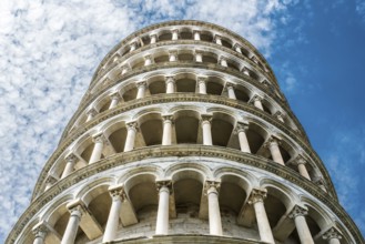 Leaning Tower of Pisa. Close up on blue sky