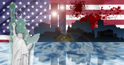 American patriotic composition of New York with Manhattan skyline and Twin Towers reflected in