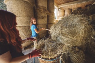 Caucasian woman working at the ranch preparing hay to take to the horses stables. Woman using tools